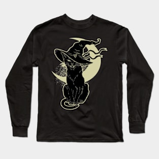 Black Cat Witch Halloween,Vintage Scary Halloween Black Cat, Costume Witch Hat Moon Long Sleeve T-Shirt